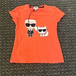Karl Lagerfeld Kids Orange Graphic T-Shirt Ikonik Karl & Choupette Size 6